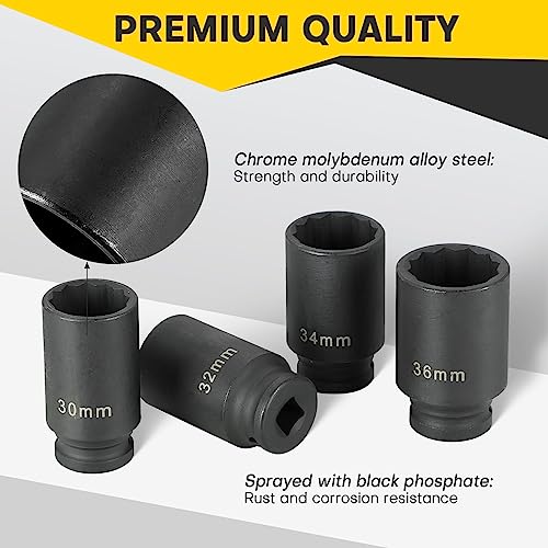 1/2" Drive Deep Spindle Axle Nut Impact Socket | 4 PCS Metric Axle Nut Socket Set, CR-MO, 12 Point Design, 30,32,34,36mm, 1/2 Inch Heavy Duty Deep Impact Socket Set