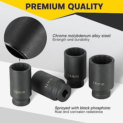 1/2" Drive Deep Spindle Axle Nut Impact Socket | 4 PCS Metric Axle Nut Socket Set, CR-MO, 12 Point Design, 30,32,34,36mm, 1/2 Inch Heavy Duty Deep Impact Socket Set