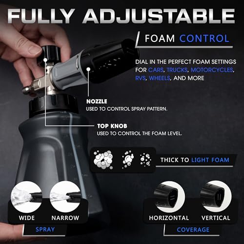 Foam Cannon for Pressure Washer - Wide Mouth Snow Foam Gun - Leak Proof Design & Adjustable Sprayer - 1 Liter Bottle with ¼” Quick Connect - Sprays Thick Suds for Quick Cleaning