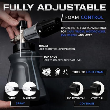 Foam Cannon for Pressure Washer - Wide Mouth Snow Foam Gun - Leak Proof Design & Adjustable Sprayer - 1 Liter Bottle with ¼” Quick Connect - Sprays Thick Suds for Quick Cleaning