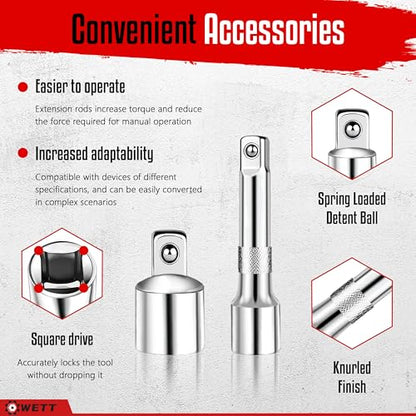 WETT 10-Piece Breaker Bar Set with 180° Rotatable Head, 1/4'', 3/8'' and 1/2'' Drive, Heavy Duty Breaker Bars with Extension Bars and Adapters, 6'', 10'' & 15'' Length, CR-V Steel