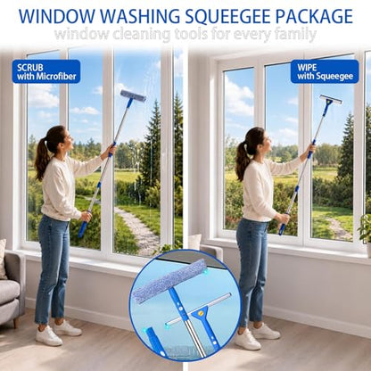 82'' Professional Squeegee Window Cleaner Tool with Extension Pole, Car Windshield Cleaning Kit with Long Handle, Window Washing Equipment for Indoor Outdoor Windows & Car Glass