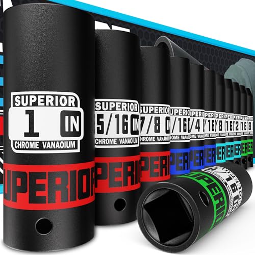 12 Piece 1/2" Drive Impact Socket Set, 3/8" - 1" Deep Socket, SAE, 6 points, CR-V Material, Cars, Motorcycles, Tire Changes - size: 1/2" Deep SAE