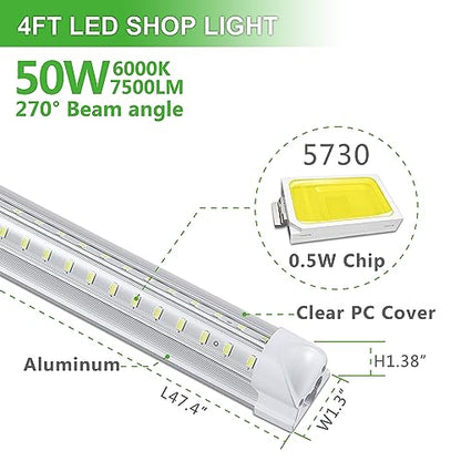 Skymoatled 4FT LED Shop Light, 50W 7500LM 6000K/White Super Bright, T8 Integrated Tube Light Fixture, Plug and Play, Linkable for Room, Garage, Workbench, Under Cabinet (2 Pack) - size: 4FT-2Pack-6000K