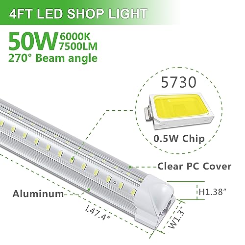Skymoatled 4Pack 4FT LED Shop Light Garage Lights,50W 6000K 7500LM White Light,Hanging/Surface Mount,Plug and Play,Linkable T8 LED Shop Lights,Commercial Bay Lighting for Warehouse Workshop Basement - size: 4FT-4Pack-6000K