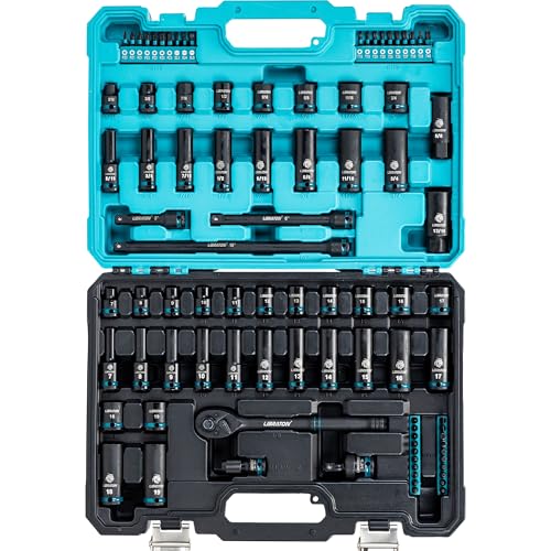 LIBRATON 3/8 Socket Set 90PCS, SAE(5/16-3/4") & Metric(7-19MM) Impact Socket Set, Cr-V Impact Driver Socket, Deep&Shallow, Extension Bars, Ratchet Handle, Screwdriver Bits, Spark Plug Sockets, Adapter