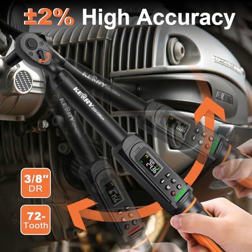 Kerry 3/8 Inch Drive Digital Torque Wrench 1.5–99.6 ft-lb ±2% High Accuracy | Five Units of Measure,LED and Buzzer Notification, Easy to Read and Operate, 72 Tooth for Bike Motorcycle - size: 3/8