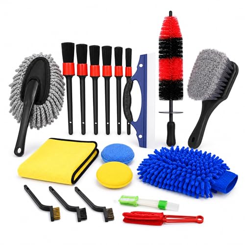 18-Piece Car Detailing Kit – Complete Car Interior Detailing Kit and Exterior Cleaning Set with Detail Brushes, Wire Brushes, Waxing Mop, and Microfiber Accessories for Vehicles