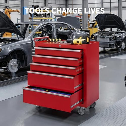 Rolling Tool Box with Wheels – 5 Drawer Heavy Duty Tool Chest Cabinet, Lockable Portable Storage Organizer with Drawer Liners, Mobile Mechanic Toolbox for Garage, Workshop, Shop, Easy Assembly, Red
