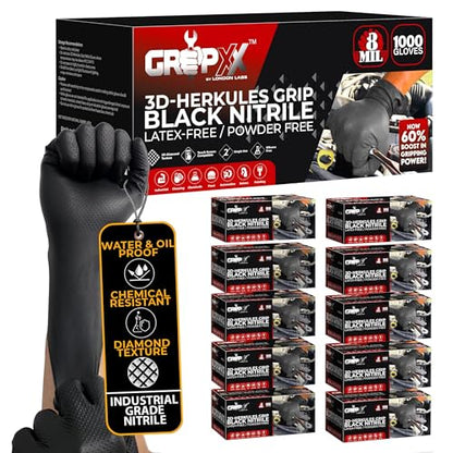 GRIPXX Herkules Grip Heavy Duty 8Mil Black Nitrile Gloves,3D Raised Diamond Texture-Latex & Powder-Free Industrial, Mechanic - size: XX-Large