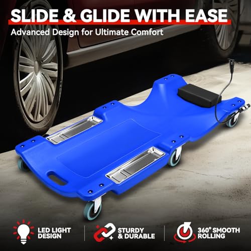 Auto Dynasty 40 Inches Mechanic Creeper, Automotive Garage Repair Low Profile Under Car Rolling Creeper with LED Light and Padded Headrest, Plastic, Blue - color: Blue, size: 40" L (w/LED Light)