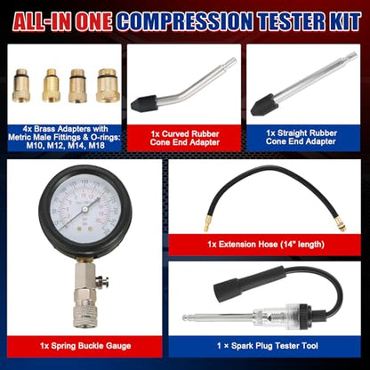 NYXOVA Petrol Engine Cylinder Compression Tester Kit and Spark Plug Tester Tool, Universal Compression Gauge, 9-Piece Automobile Compression Tester Kit (Blue)