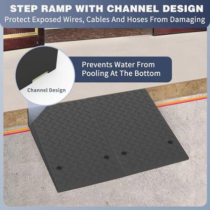 Rubber Threshold Ramp 7.09 Inch Rise, Wheelchair Rubber Door Ramp with Non-Slip Surface, Home Step Ramp with Channel for Wheelchairs/Cars/Scooters (2PCS, 2200LBs Loading) - size: 7.09IN-2PCS