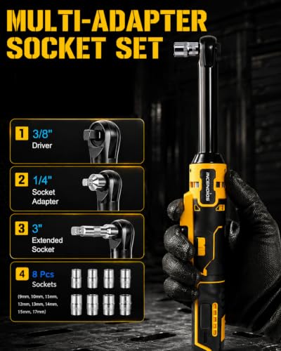 3/8" Extended Cordless Ratchet Wrench Compatible with Dewalt 20V Battery | 74ft-lbs Electric Ratchet with 6.3" Extended Head, Brushless Motor, LED Light, 8 Sockets Set, Adapters, 3 Inch Extension Bar - size: 6.3" Extended Head