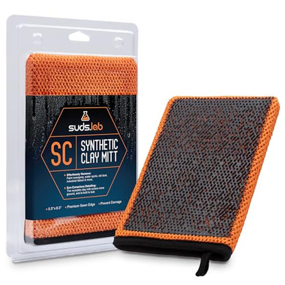 Suds Lab SC Synthetic Clay Mitt for Car Detailing – Reusable Clay Bar Mitt to Remove Paint Overspray, Water Spots, Tree Sap & Rail Dust from Paint, Glass & Plastic