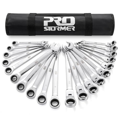 Prostormer 20-Piece Ratcheting Combination Wrench Set | 10Pcs SAE Flex-Head 1/4" to 3/4" & 10Pcs Metric Fixed Head 6-18mm, 72-Tooth, Cr-V Steel, Organizer Pouch - style: 20-Piece Metric & SAE