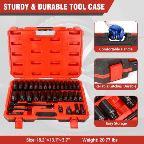 1/2" Impact Socket Set 35PCS,Metric 10-24mm SAE 3/8"-1-1/4" | CR-MO Steel,6-Point Design, Includes U-joint, Extension Bars, Adapter and Storage Case for heavy-duty automotive maintenance - size: 1/2" | Metric & SAE|35-PCS