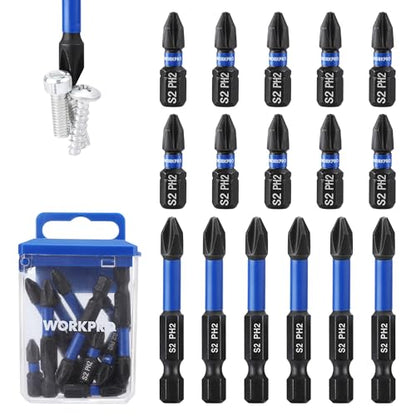 WORKPRO 16pcs PH2 Impact Phillips Screwdriver Bit Set, CNC Machined S2 Steel Tips with Magnetism, 1/4" Hex-Shank Driver Bits, 1"& 2" Long Impact Screwdriving Bits with Storage Box - size: 1 in&2 in