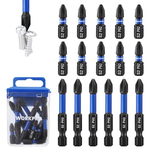 WORKPRO 16pcs PH2 Impact Phillips Screwdriver Bit Set, CNC Machined S2 Steel Tips with Magnetism, 1/4" Hex-Shank Driver Bits, 1"& 2" Long Impact Screwdriving Bits with Storage Box - size: 1 in&2 in