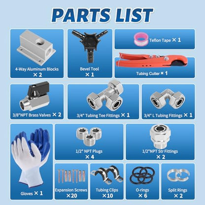Shop Air Line Kit 3/4” 50FT Compressed Air Piping System HDPE-Aluminum-HDPE Air Tubing with 4-Way Aluminum Blocks Brass Valves Air Piping Fittings Kit Air Compressor Accessories for Garage - size: 3/4" OD 50FT