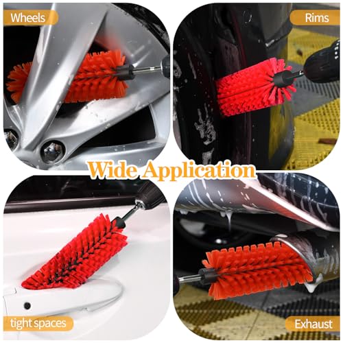 1 Pack Drill Brush for Car Wheel and Bottle(Red) | for Wheels, Rims, Engines, Exhaust, Bottle - color: 1 Pack Red
