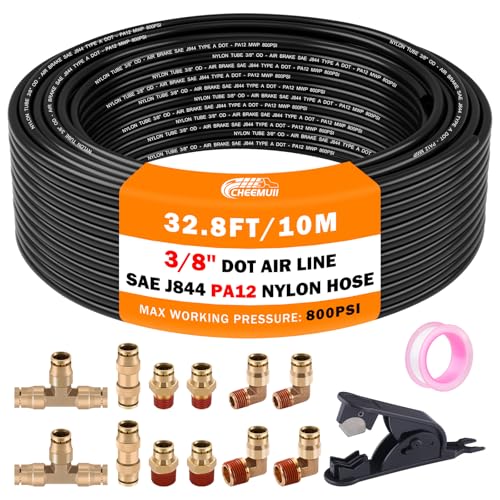 CheeMuii 3/8 Brass DOT Air Fittings With 32.8FT 3/8" DOT Air Line Kit Quick Connect DOT Air Line Fittings and PA12 Pneumatic Tubing for Semi Truck Trailer or Industrial Air System - size: 3/8Inch-15Pcs