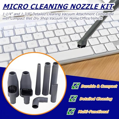 9 Pcs Micro Cleaning Nozzle Kit, 1-1/4" and 1-3/8" Detailed Cleaning Vacuum Attachment Compatible with Compact Wet Dry Shop Vacuum for Home/Office/Vehicle