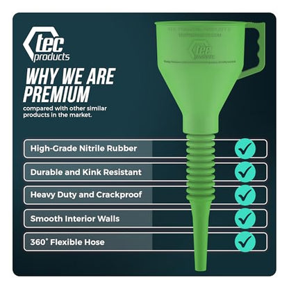 TEC Products FlexAll Long Flexible Funnels - Automotive Oil Funnel with Hose, Durable Nitrile Rubber for Oil Change, Transmission Funnel Fluid, Diesel, Fuel, Gas - Made in USA - Green (16 x 5 Inches) - color: Green, size: Large