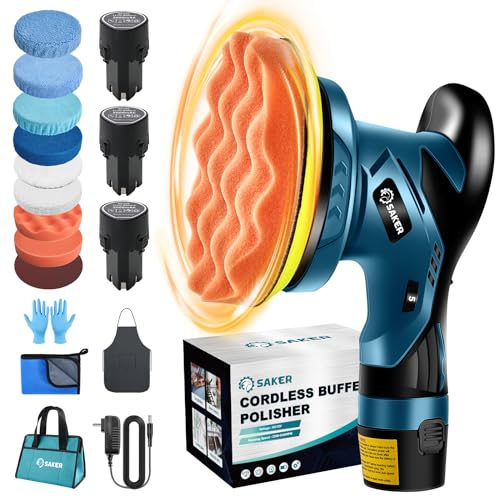 Saker Cordless Car Buffer Polisher - 6 Inch Portable Polishing Waxer Machine Kit for Car Detailing, with 3PCS 12V 2000mAh Batteries, Cloth, Bag, Gloves, Extends to 22 Attachments - style: BUFFER POLISHER +3 BATTERIES+BAG