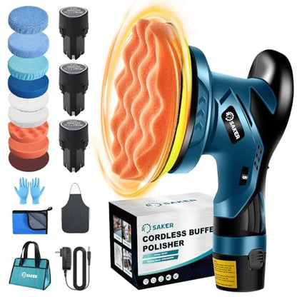 Saker Cordless Car Buffer Polisher - 6 Inch Portable Polishing Waxer Machine Kit for Car Detailing, with 3PCS 12V 2000mAh Batteries, Cloth, Bag, Gloves, Extends to 22 Attachments - style: BUFFER POLISHER +3 BATTERIES+BAG