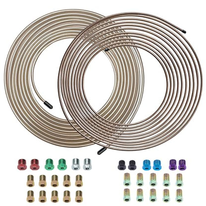 25ft 3/16 & 1/4 Copper-Nickel Brake Line Kit, 32 Fittings | .028" wall thickness, SAE thread design, rust-proof, easy hand bend, ideal for brake & fuel line replacement - size: 3/16+1/4, 2Kits