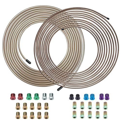 25ft 3/16 & 1/4 Copper-Nickel Brake Line Kit, 32 Fittings | .028" wall thickness, SAE thread design, rust-proof, easy hand bend, ideal for brake & fuel line replacement - size: 3/16+1/4, 2Kits