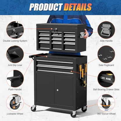 10-Drawer Rolling Tool Chest with Wheels, 2 in 1 Tool Box Rolling Tool Chest Heavy Duty, High-Capacity Mechanic Tool Organizer, Adjustable Shelf & Detachable Top Cabinet, Black - color: Black