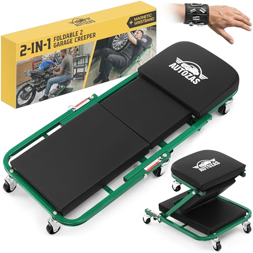 Creepers Automotive Mechanic Creeper Seat & Under Car Roller, 300lb Heavy Duty Foldable Garage Creeper with 360° Swivel Wheels, Magnetic Wristband, Low Profile Green Car Creeper for Mechanics - color: Green