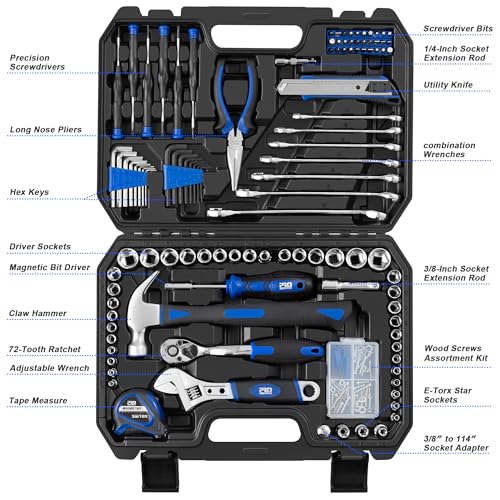 Prostormer 200-Piece Hand Tool Set, General Home and Auto Repair Kit | Assorted Tools with Portable Toolbox for Mechanical Repair, DIY, Home Maintenance