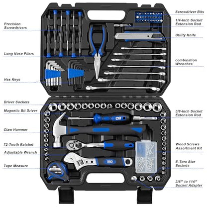 Prostormer 200-Piece Hand Tool Set, General Home and Auto Repair Kit | Assorted Tools with Portable Toolbox for Mechanical Repair, DIY, Home Maintenance