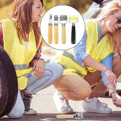 4pcs Tire Repair Tools Hand Roller Set with Smooth Rolling Action and Lightweight Wood and Iron Material for Effective Car Tire Patch Adhesion and Sound Deadening