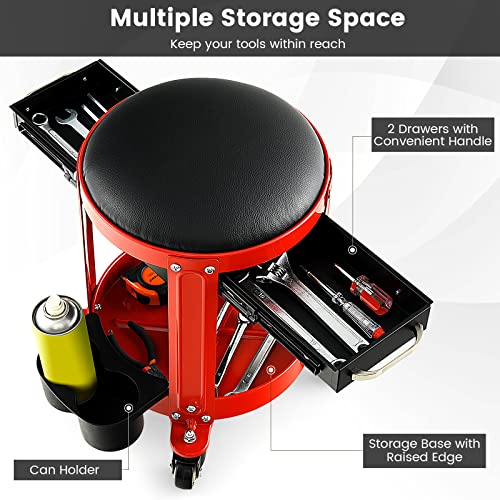 Nightcore Workshop Rolling Seat, Round Creeper Stool with Removable Cushion, Tool Tray, 2 Drawers & Twin Can Holders, Mechanic Roller with 4 Universal Casters for Garage, 300 Lbs Weight Capacity
