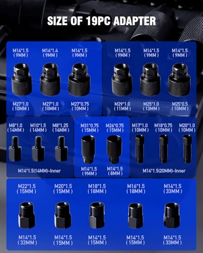 INCENDIOS 24PCS Diesel Injector Puller Set, Pneumatic Air-Powered Removal Tool | Injector Extractor Compatible with Bosch Delphi Siemens Denso, 600N Force, 5-8 Bar, 19 Adapters,US UK EU Connectors - size: 24PC