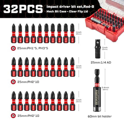 Geinxurn 32Pieces Impact Screwdriver Bits Set, S2 Steel Magnetic Phillips Muliti Insert Bits Tips Set with Impact Bit Holder and 1/4”Socket Adapter(Red Storage Box Case) - style: FQ032025-BRD