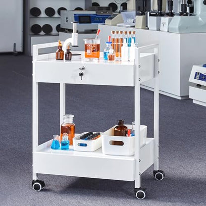 VEVOR Rolling Medical Cart with Lockable Drawer, White Paint Stainless Steel Utility Cart, 2 Tiers Mobile Esthetician Trolley Cart with Swivel Casters for Lab, Hospital, Dental, Salon and Beauty - size: 2-tier with 2 drawer