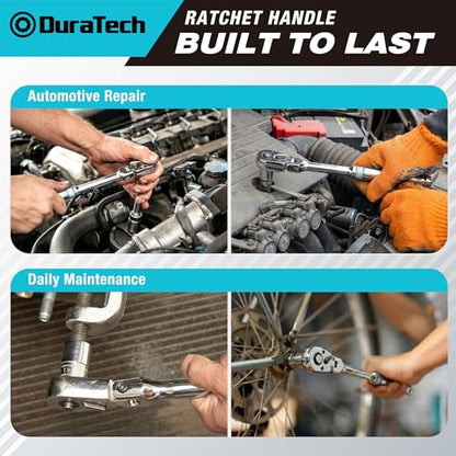 DURATECH 3-Piece Flex-Head Drive Ratchet Handle, 1/4", 3/8", 1/2" 90-Tooth Quick-Release Ratchet Wrench with 180° Pivoting Head & 7-Position Setting, Reversible, CR-V Made, Full Polished,Gifts for Men - size: Combo Kit(Polished)
