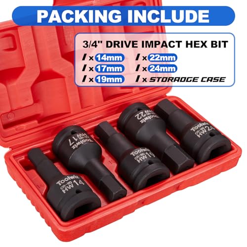 Toolwiz 3/4 Inch Drive Impact Hex Bit Set, 5-Piece Metric 14mm-24mm, Cr-Mo | One-Piece Construction, Impact Grade, Professional Automotive Impact Bit Socket Set, Heavy Duty PVC Storage Case - size: 3/4" Drive (0.55"-0.94")