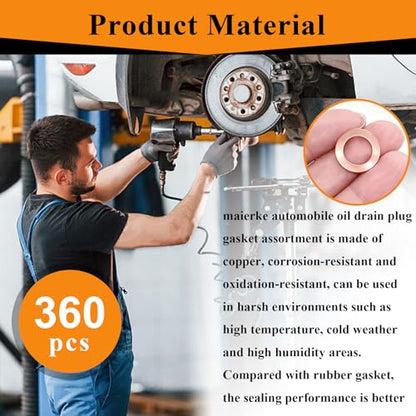 360PCS Crush Washer Oil Drain Plug,18 Sizes Copper Oil Drain Plug Gasket Assortment,Automotive Engine Crush Washers (M6 M8 M10 M12 M14 M16 M18 M20 M22 M24) - size: 360PCS (M6-M24)