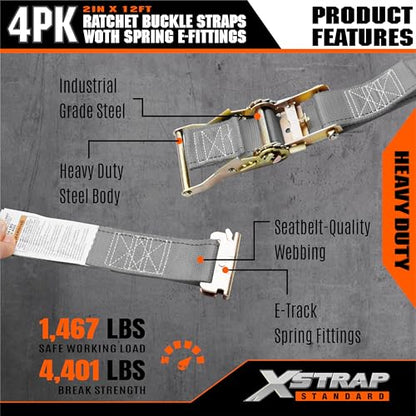 XSTRAP STANDARD 4-PK 2" x 16' E-Track Heavy Duty Ratchet Tie Down Straps | 4,400lbs Break Strength Cargo Securement Straps for Trailers, Trucks, Vans & Motorcycles with Spring Fittings (Grey) - size: Grey-4PK-16FT