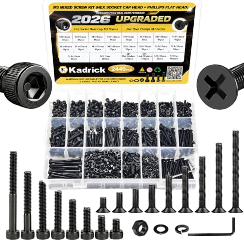 Kadrick M3 Screws Assortment Kit, 2440 Pcs Hex Socket Cap & Phillips Flat Head M3 Bolt Kit, 4-35mm Length, Nuts, Washers & Allen Wrench Included,M3 Bolts for 3D Printing - size: M3 2440Pcs 4-35mm