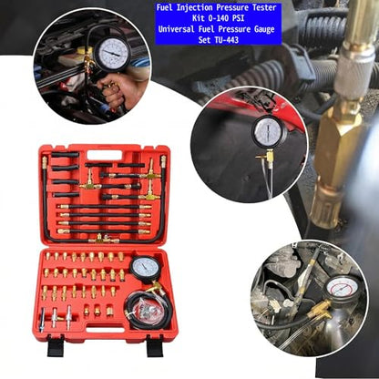 Fuel Injection Pressure Tester Kit 0-140 PSI, Pro Fuel Pressure Gauge with 3 Sizes Fuel Line Fittings (6.30mm/7.89mm/9.49mm) for Car, Truck, Motorcycle