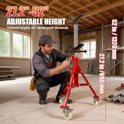 Pipe Jack Stand with Casters, 882LB Capacity, 27.2"-52" Adjustable, V-Head Support for Welding & Construction