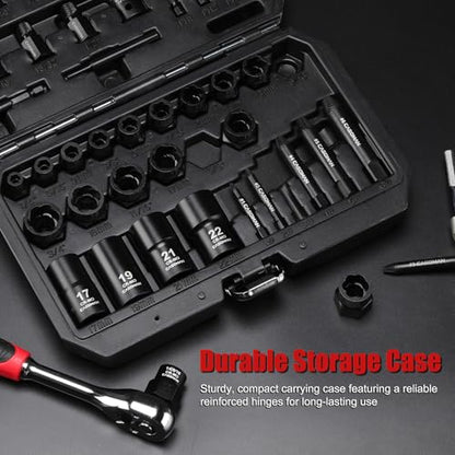 CASOMAN 3/8" Drive Bolt & Nut Extractor Set, Heavy Duty Screw Extractor Kit with Adapter and Pin for Removing Damaged Rusted Broken Rounded Fasteners off with a Storage Case, CR-MO - size: 46-Piece