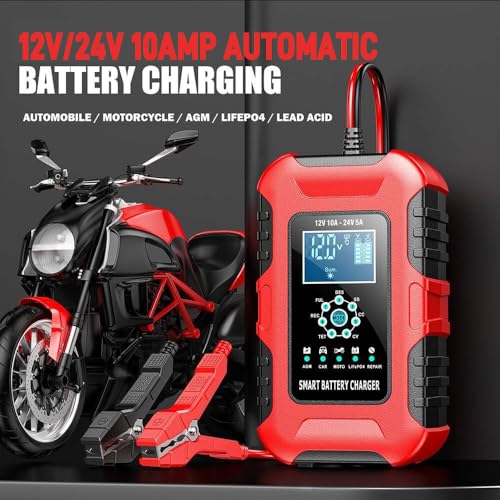Car Battery Charger, 0-10A Pulse Repair Charger, 12V 24V Smart Fully Automatic Trickle Charger, LiFePO4 Lead Acid Automotive Battery Maintainer Desulfator for Car Truck Motorcycle Lawn Mower ATV Boat - color: 3) -10Amp/12V 24V
